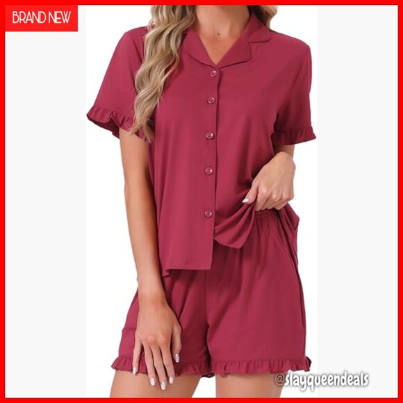 Soft Button Down Pajama Set with Ruffle Hem Shorts Size S